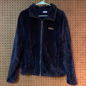 Columbia Jacket Coat Navy Blue Soft Fluffy Large Full Zip Collared Cozy Fleece